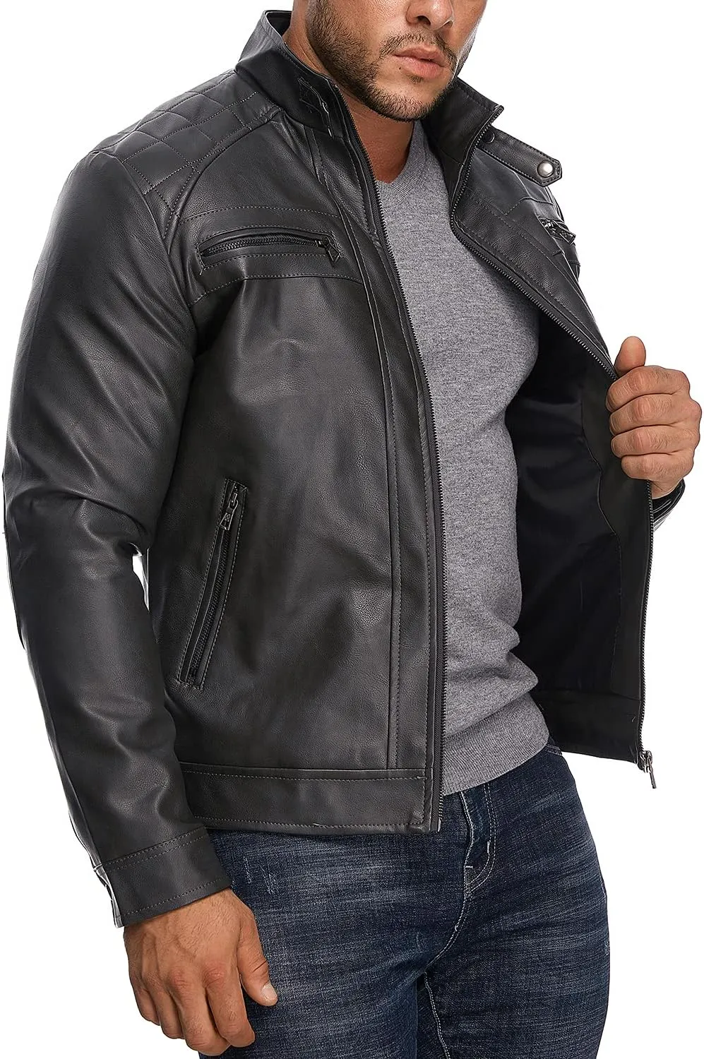 HOOD CREW Mens Stand Collar Leather Jacket Casual Faux Leather Motorcycle Jacket Outerwear Coat with Zipper Pockets