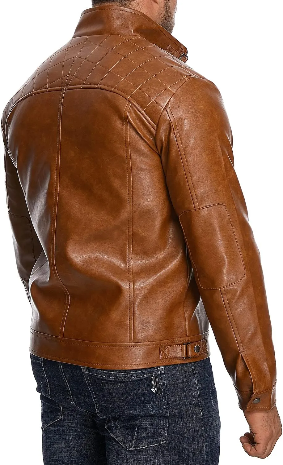 HOOD CREW Mens Stand Collar Leather Jacket Casual Faux Leather Motorcycle Jacket Outerwear Coat with Zipper Pockets