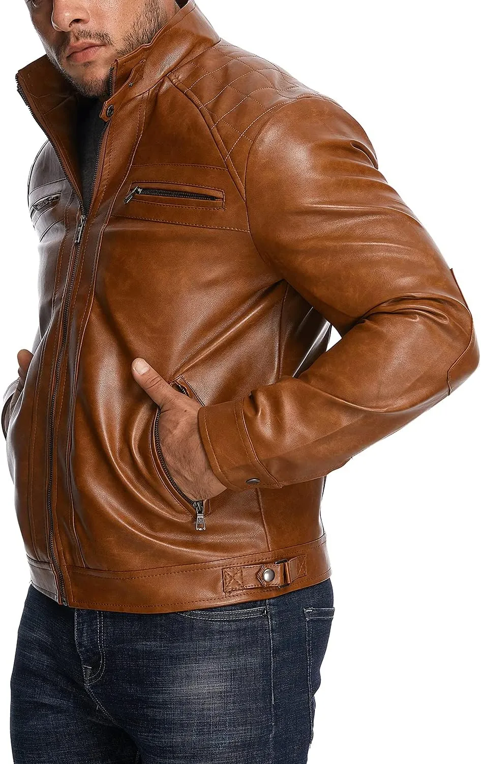 HOOD CREW Mens Stand Collar Leather Jacket Casual Faux Leather Motorcycle Jacket Outerwear Coat with Zipper Pockets