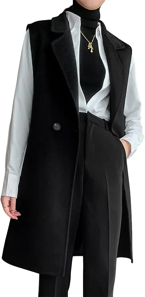 IDEALSANXUN Womens Long Wool Vest Fall Winter Sleeveless Blazer Jackets Wool Coat