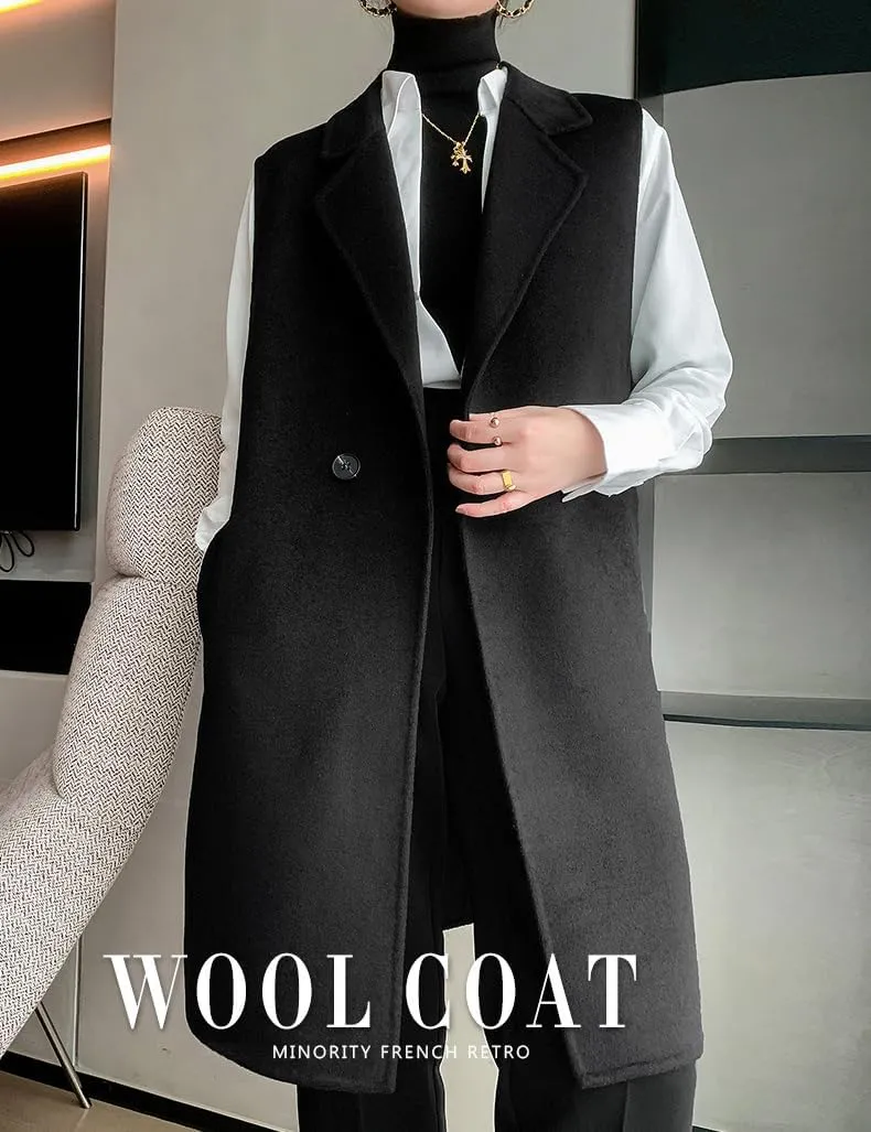 IDEALSANXUN Womens Long Wool Vest Fall Winter Sleeveless Blazer Jackets Wool Coat