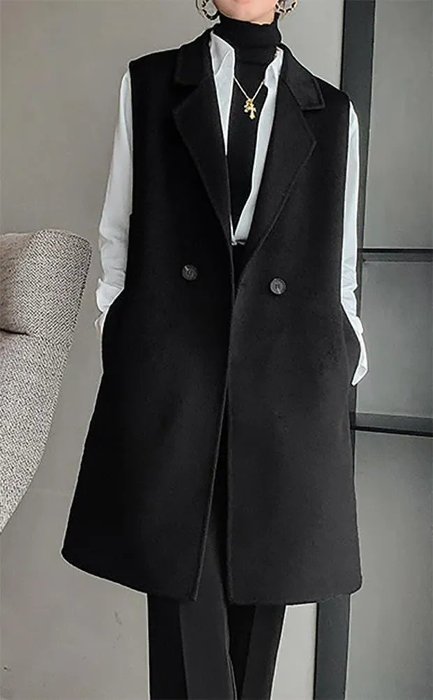 IDEALSANXUN Womens Long Wool Vest Fall Winter Sleeveless Blazer Jackets Wool Coat