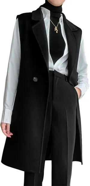 IDEALSANXUN Womens Long Wool Vest Fall Winter Sleeveless Blazer Jackets Wool Coat