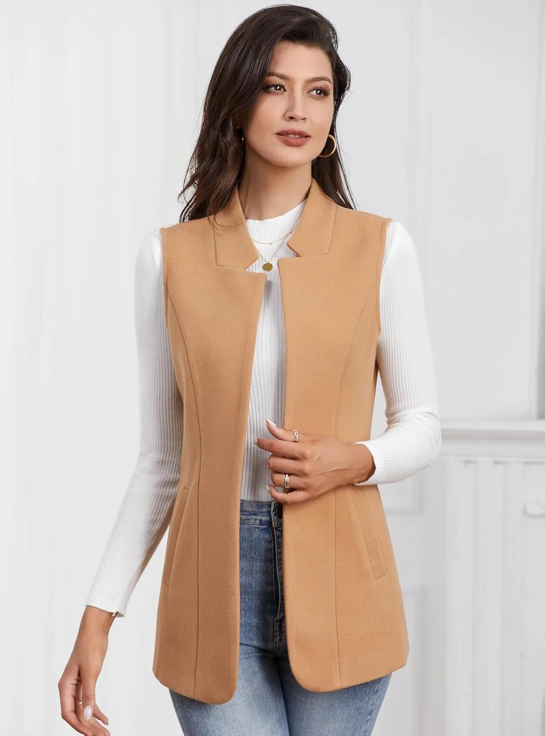IDEALSANXUN Wool Long Vest for Women Sleeveless Blazer Fall Winter Jackets Trendy Open Front Cardigan Trench Coat Outerwear