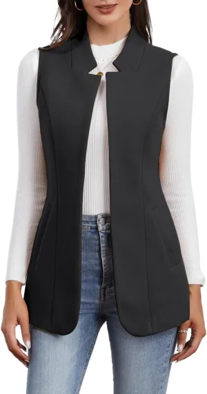 IDEALSANXUN Wool Long Vest for Women Sleeveless Blazer Fall Winter Jackets Trendy Open Front Cardigan Trench Coat Outerwear