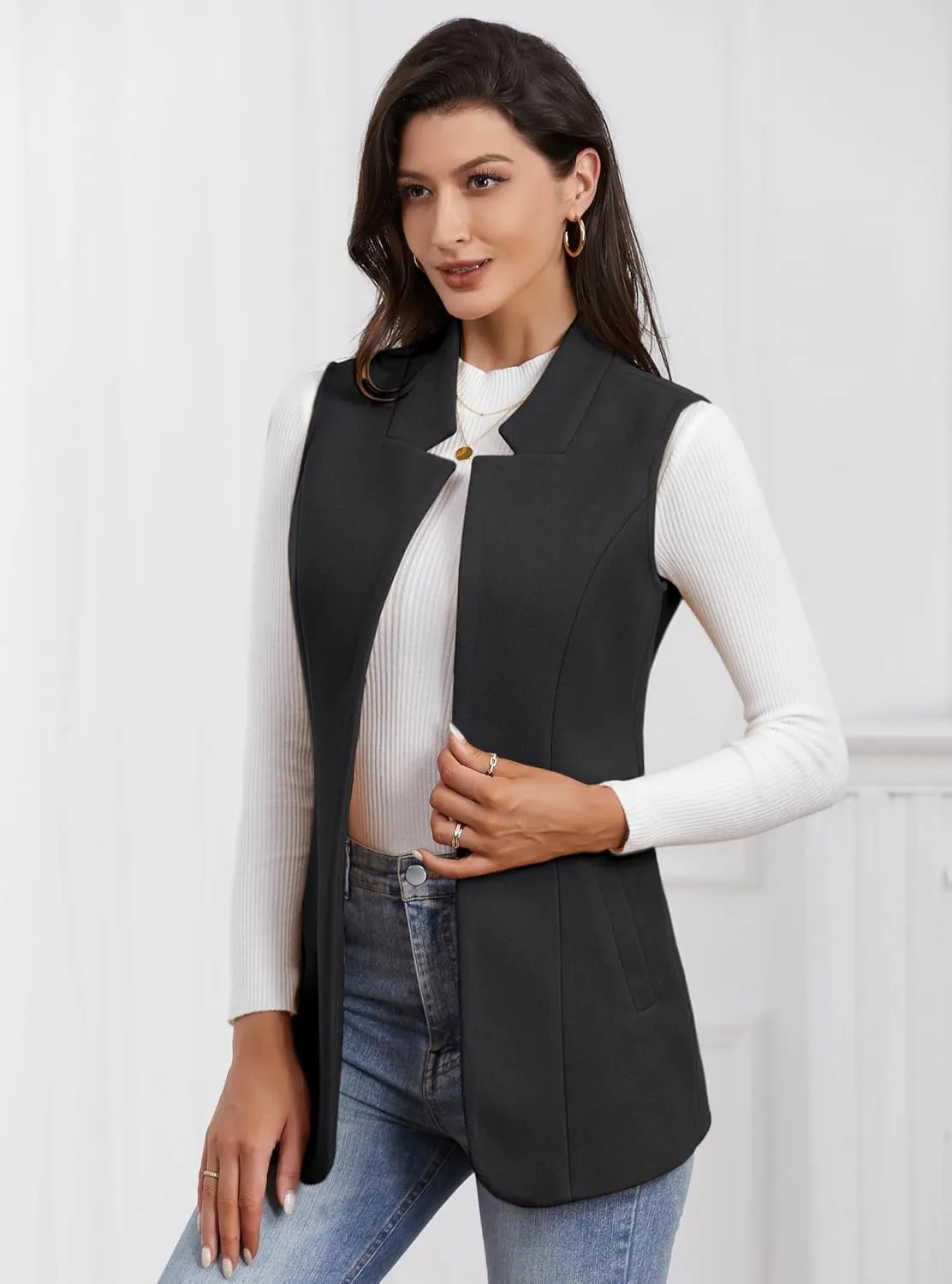 IDEALSANXUN Wool Long Vest for Women Sleeveless Blazer Fall Winter Jackets Trendy Open Front Cardigan Trench Coat Outerwear