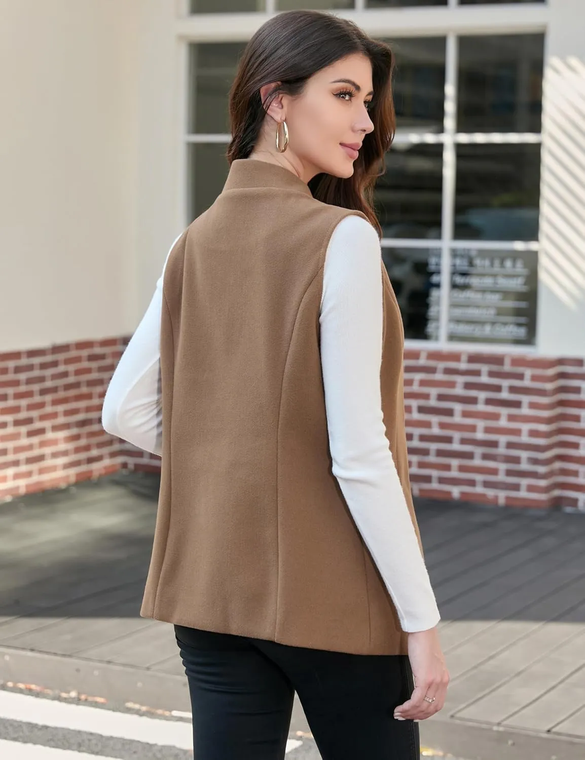 IDEALSANXUN Wool Long Vest for Women Sleeveless Blazer Fall Winter Jackets Trendy Open Front Cardigan Trench Coat Outerwear