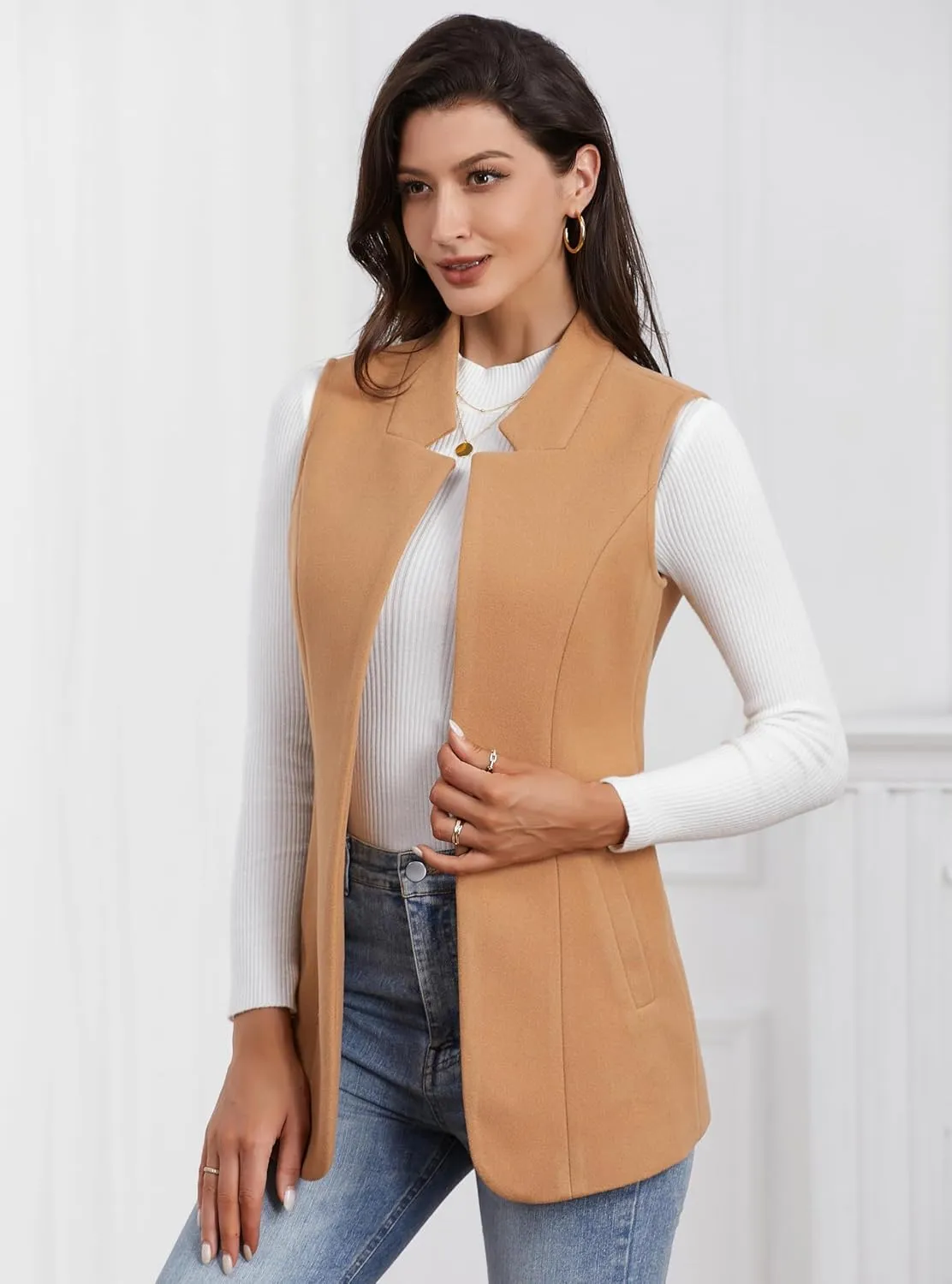 IDEALSANXUN Wool Long Vest for Women Sleeveless Blazer Fall Winter Jackets Trendy Open Front Cardigan Trench Coat Outerwear