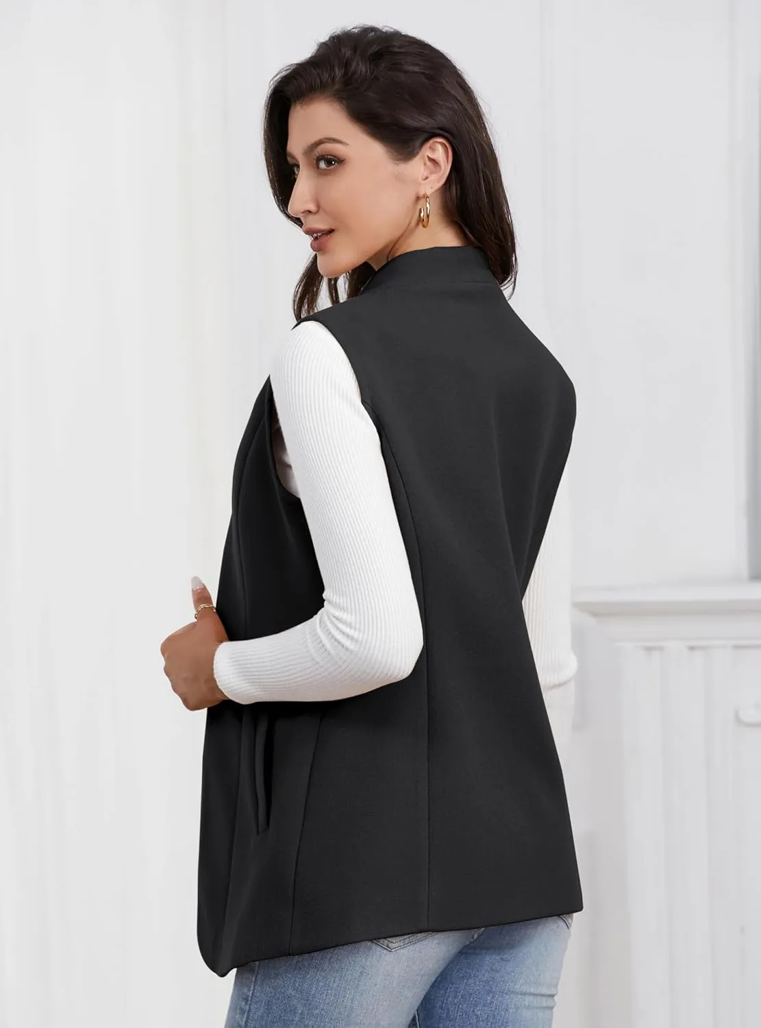 IDEALSANXUN Wool Long Vest for Women Sleeveless Blazer Fall Winter Jackets Trendy Open Front Cardigan Trench Coat Outerwear