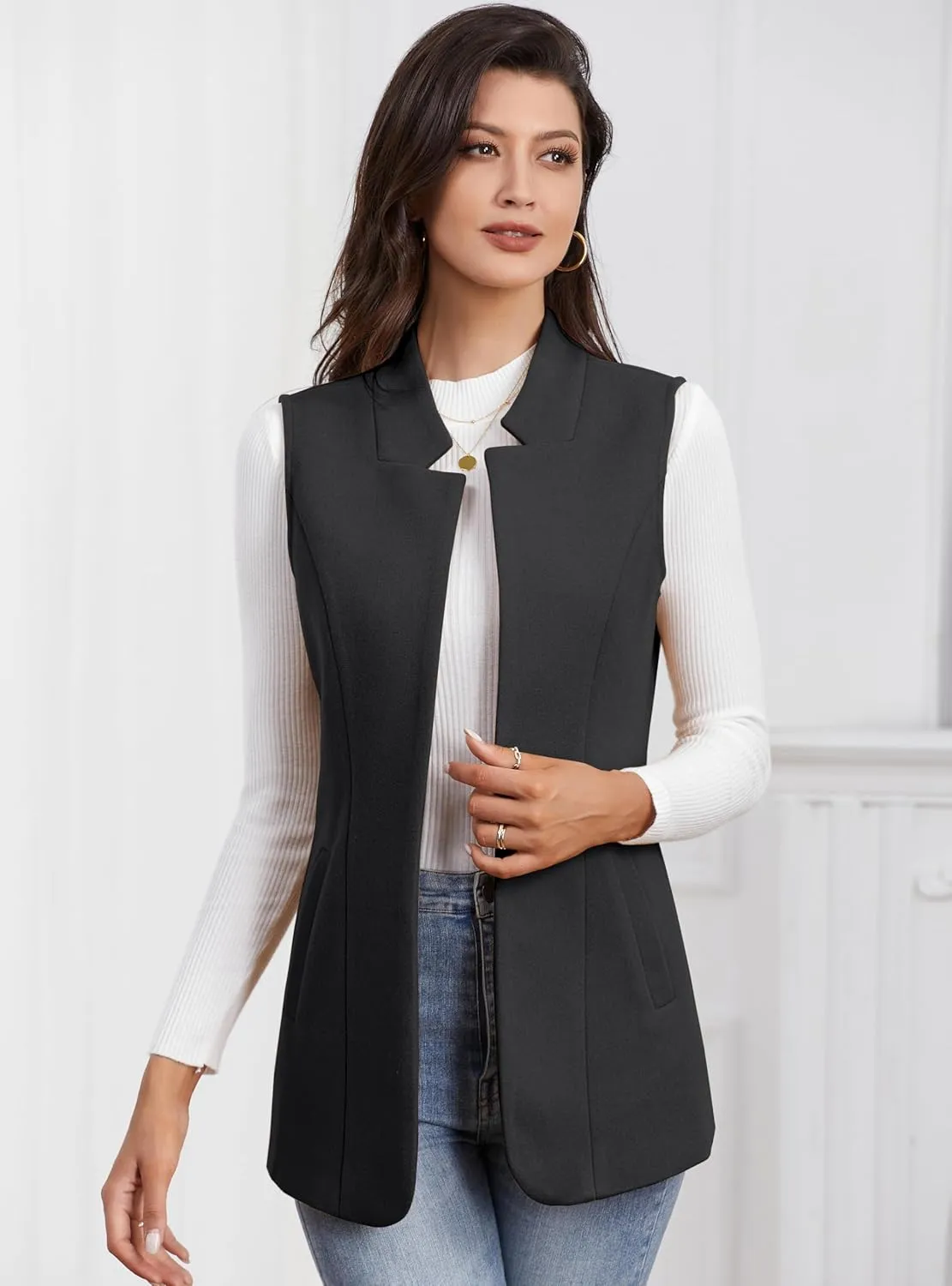 IDEALSANXUN Wool Long Vest for Women Sleeveless Blazer Fall Winter Jackets Trendy Open Front Cardigan Trench Coat Outerwear