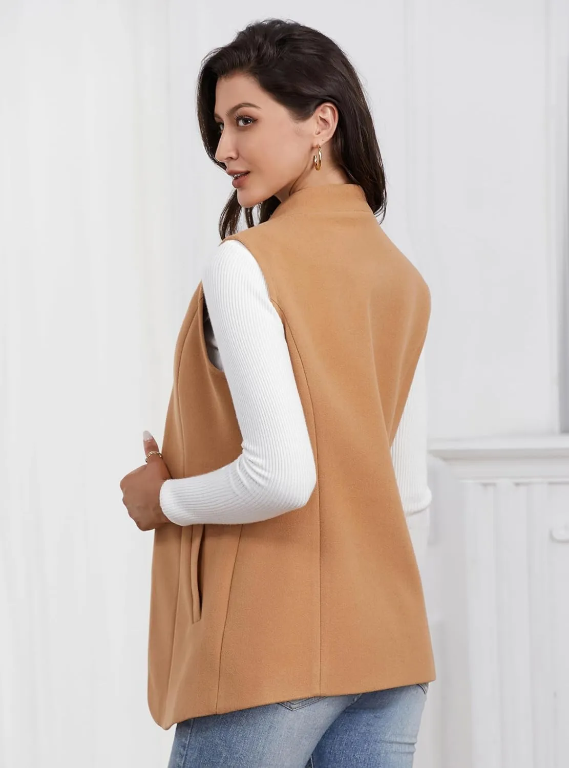 IDEALSANXUN Wool Long Vest for Women Sleeveless Blazer Fall Winter Jackets Trendy Open Front Cardigan Trench Coat Outerwear