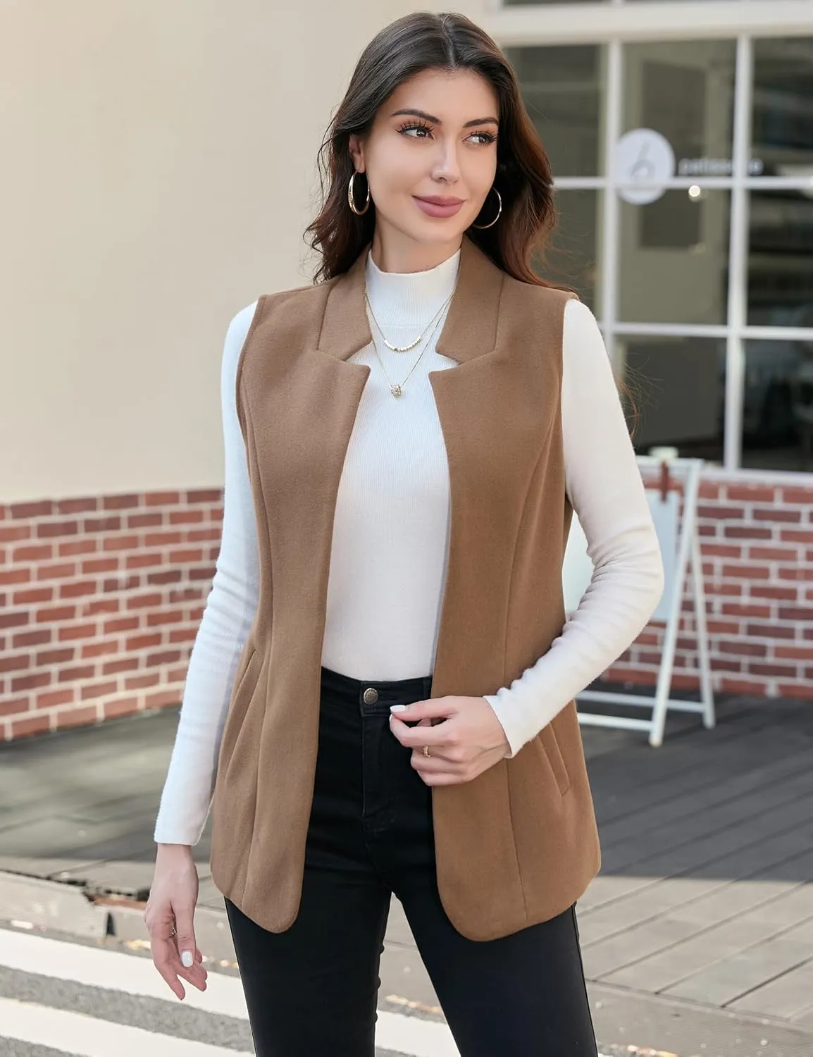 IDEALSANXUN Wool Long Vest for Women Sleeveless Blazer Fall Winter Jackets Trendy Open Front Cardigan Trench Coat Outerwear