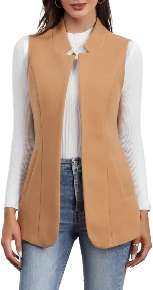 IDEALSANXUN Wool Long Vest for Women Sleeveless Blazer Fall Winter Jackets Trendy Open Front Cardigan Trench Coat Outerwear