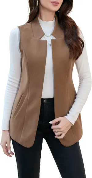 IDEALSANXUN Wool Long Vest for Women Sleeveless Blazer Fall Winter Jackets Trendy Open Front Cardigan Trench Coat Outerwear