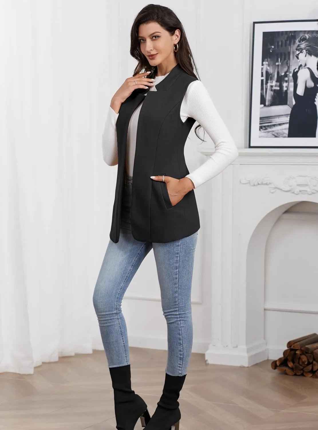 IDEALSANXUN Wool Long Vest for Women Sleeveless Blazer Fall Winter Jackets Trendy Open Front Cardigan Trench Coat Outerwear