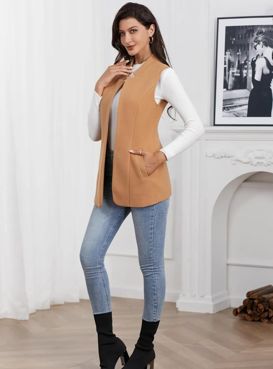 IDEALSANXUN Wool Long Vest for Women Sleeveless Blazer Fall Winter Jackets Trendy Open Front Cardigan Trench Coat Outerwear