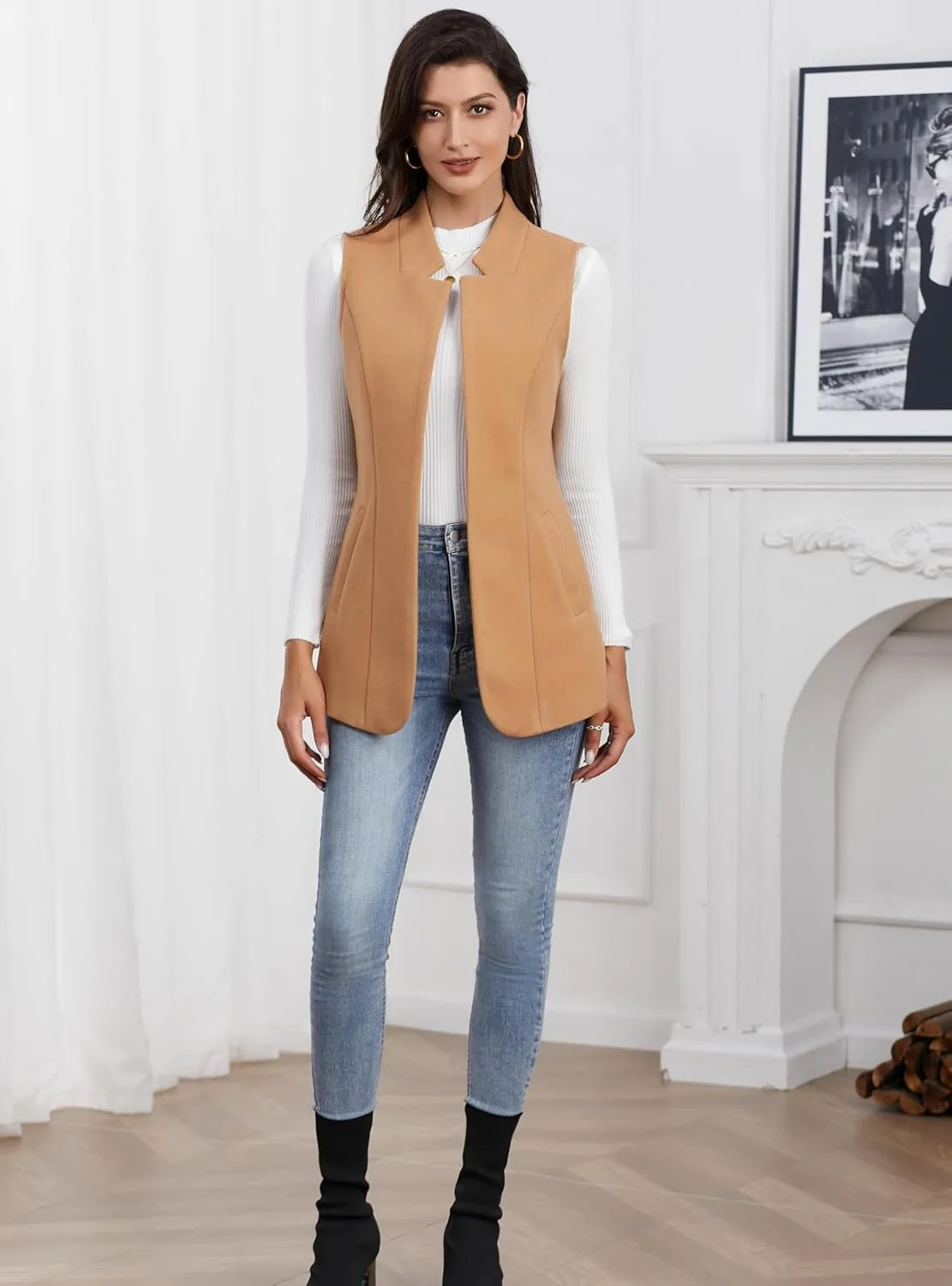 IDEALSANXUN Wool Long Vest for Women Sleeveless Blazer Fall Winter Jackets Trendy Open Front Cardigan Trench Coat Outerwear