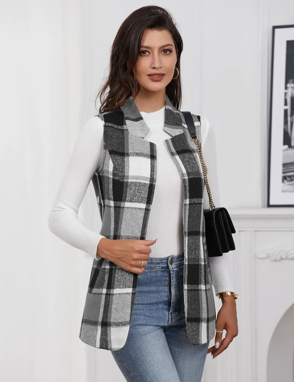 IDEALSANXUN Wool Plaid Vest for Women Fall Winter Coat Sleeveless Blazer Jackets Casual Outwear Open Front Cardigan Top