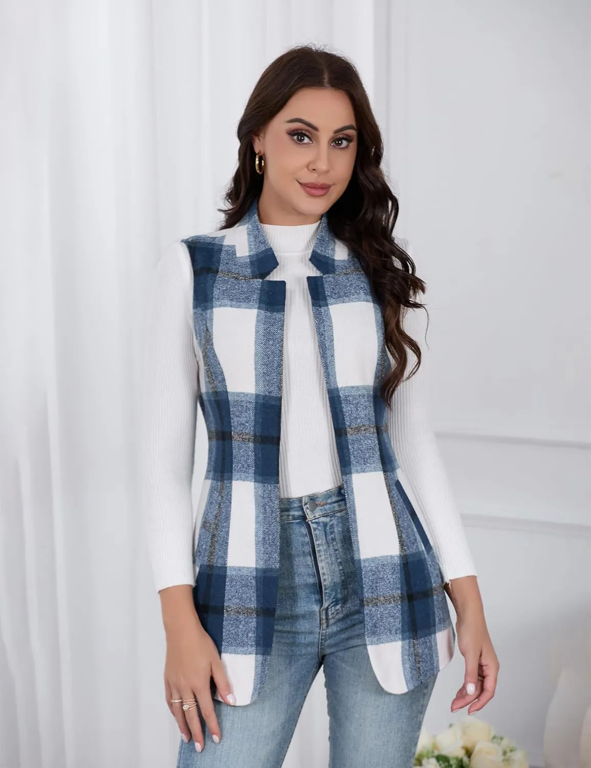 IDEALSANXUN Wool Plaid Vest for Women Fall Winter Coat Sleeveless Blazer Jackets Casual Outwear Open Front Cardigan Top