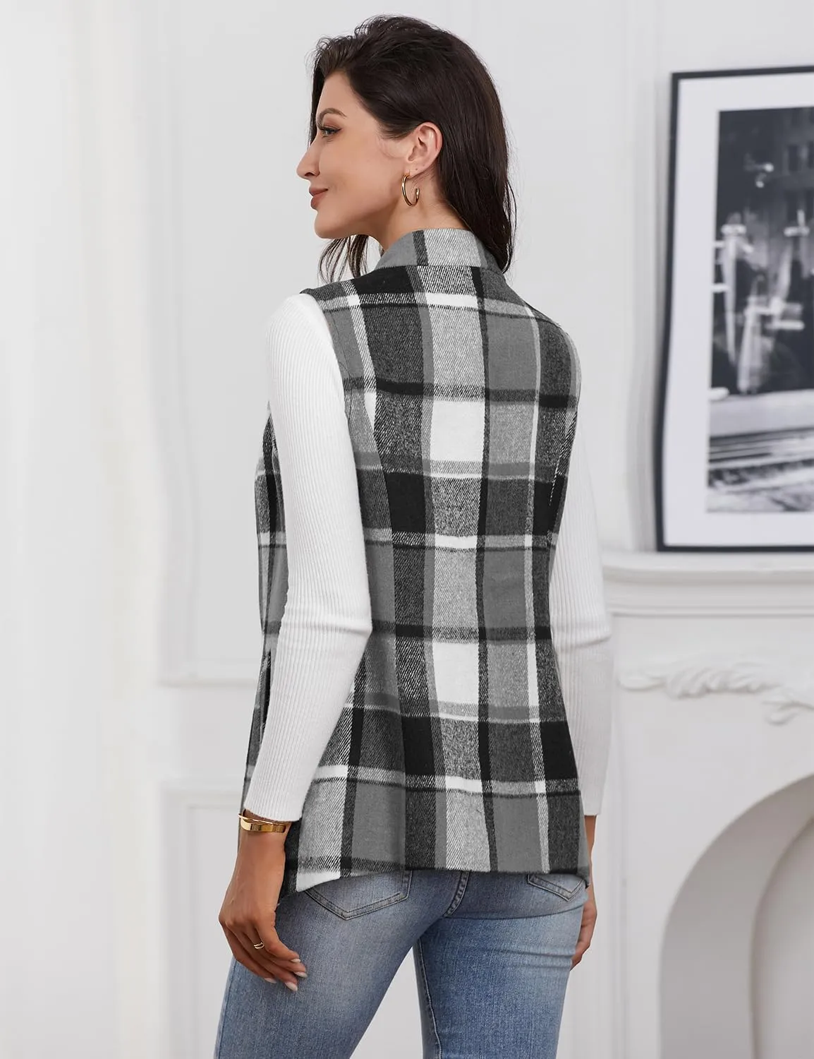 IDEALSANXUN Wool Plaid Vest for Women Fall Winter Coat Sleeveless Blazer Jackets Casual Outwear Open Front Cardigan Top