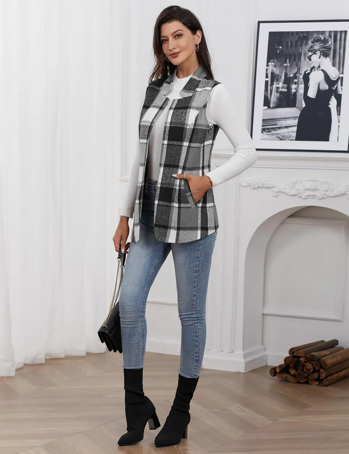 IDEALSANXUN Wool Plaid Vest for Women Fall Winter Coat Sleeveless Blazer Jackets Casual Outwear Open Front Cardigan Top