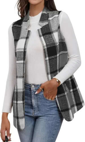 IDEALSANXUN Wool Plaid Vest for Women Fall Winter Coat Sleeveless Blazer Jackets Casual Outwear Open Front Cardigan Top