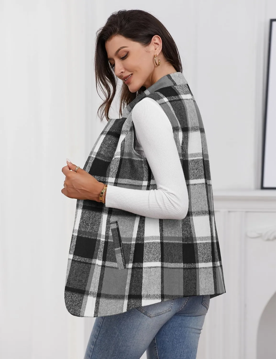 IDEALSANXUN Wool Plaid Vest for Women Fall Winter Coat Sleeveless Blazer Jackets Casual Outwear Open Front Cardigan Top