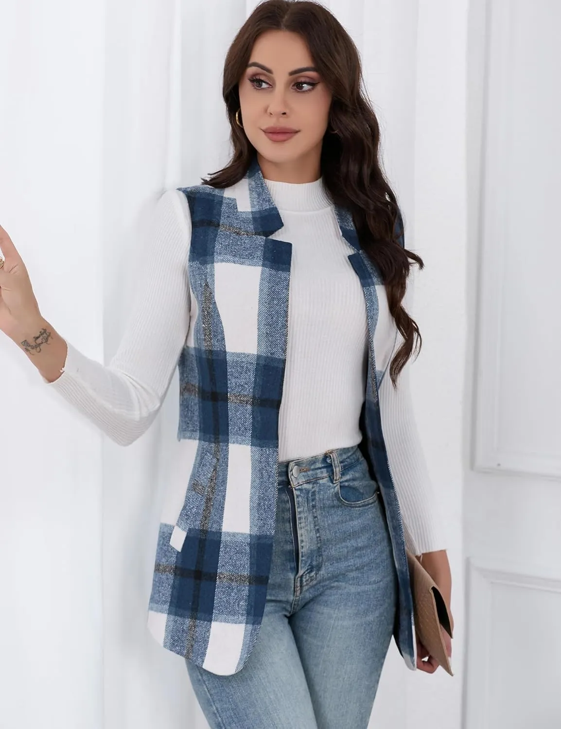 IDEALSANXUN Wool Plaid Vest for Women Fall Winter Coat Sleeveless Blazer Jackets Casual Outwear Open Front Cardigan Top