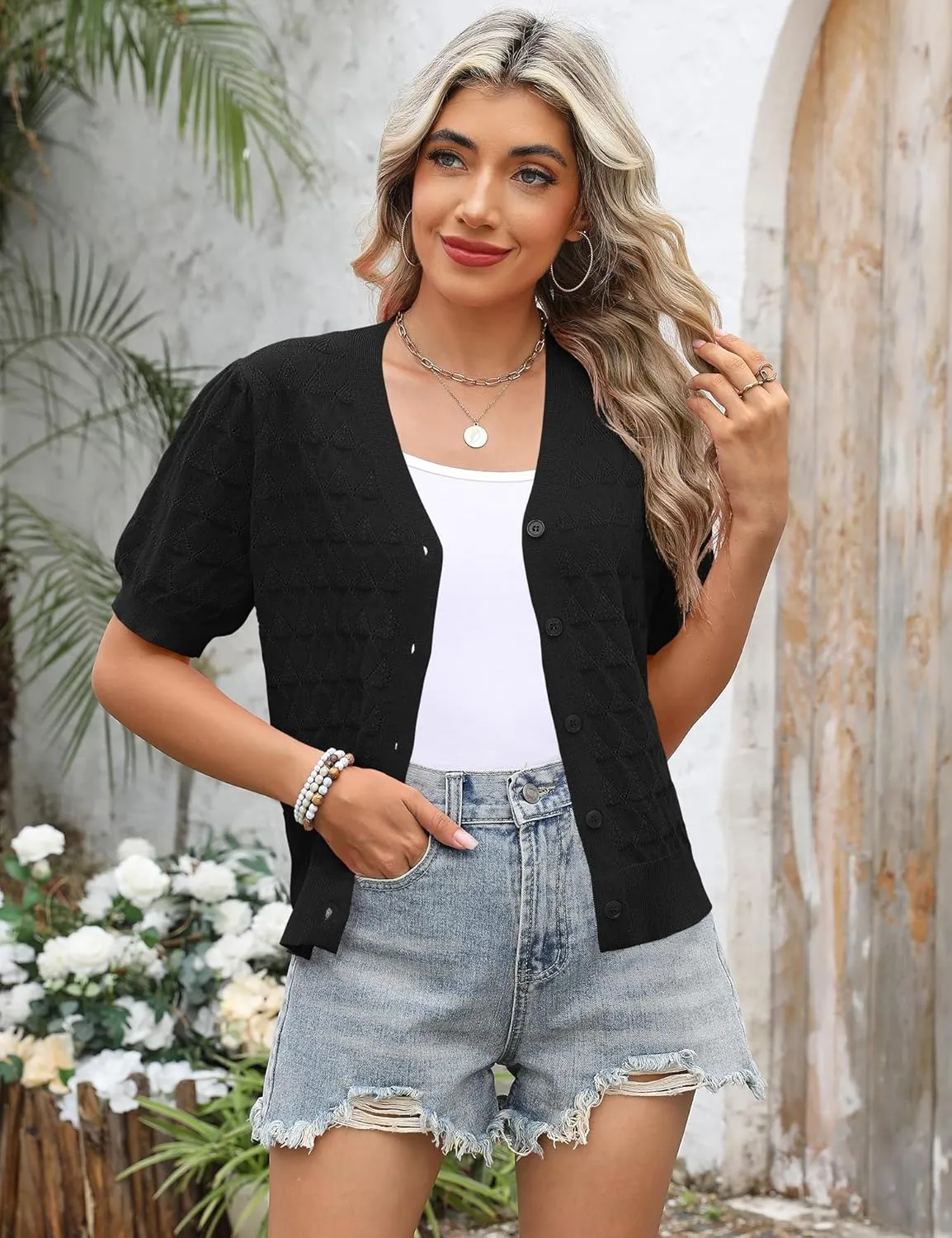 IECCP Cardigan Sweaters for Women Short Sleeve Lightweight Open Front Crochet Knit Shrugs 2025 Womens Fashion