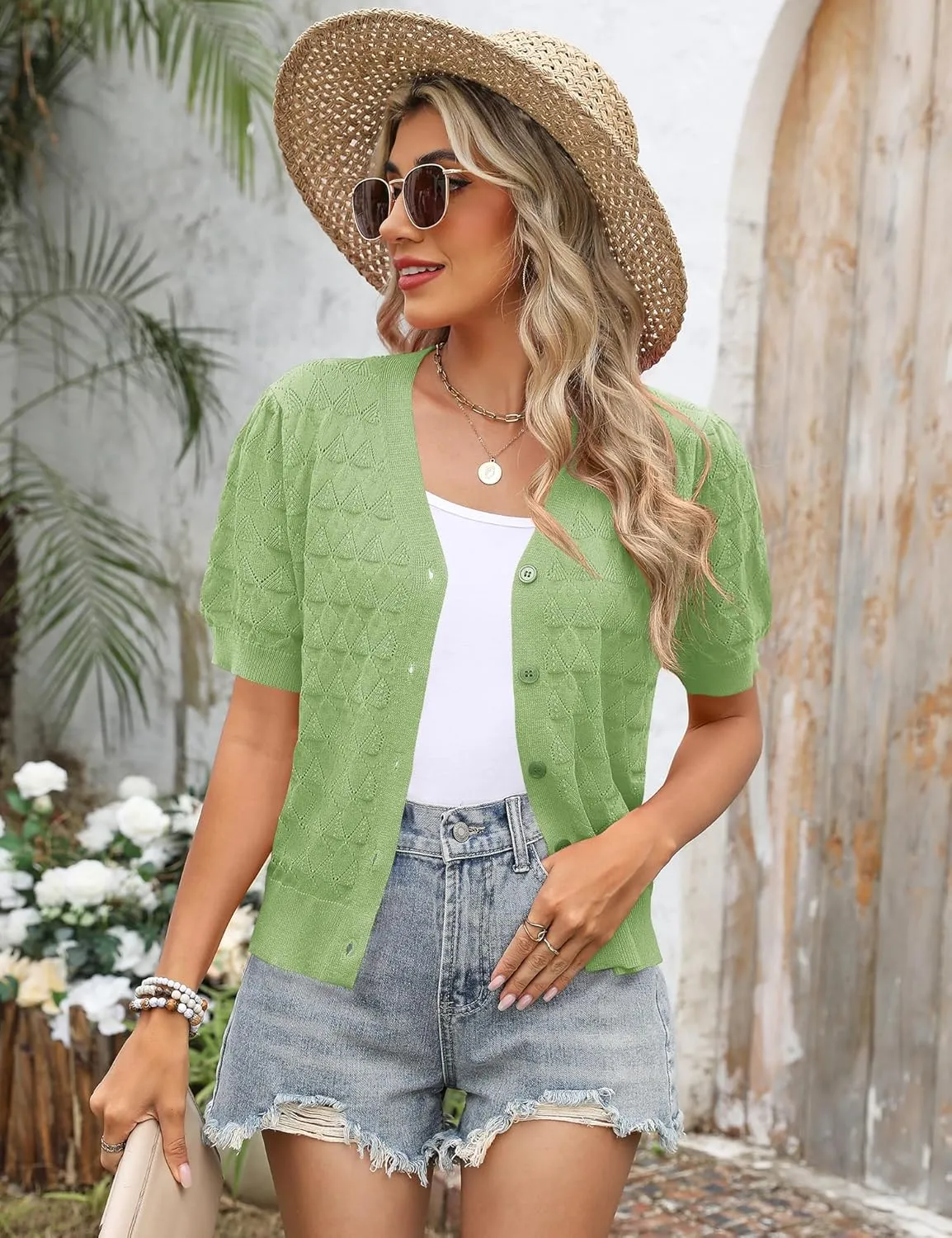 IECCP Cardigan Sweaters for Women Short Sleeve Lightweight Open Front Crochet Knit Shrugs 2025 Womens Fashion