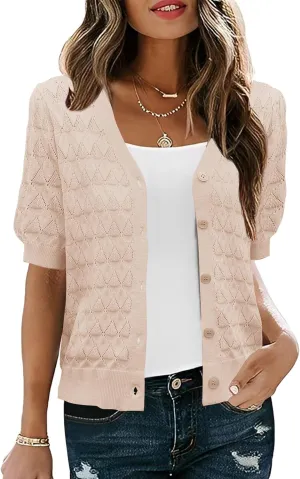 IECCP Cardigan Sweaters for Women Short Sleeve Lightweight Open Front Crochet Knit Shrugs 2025 Womens Fashion