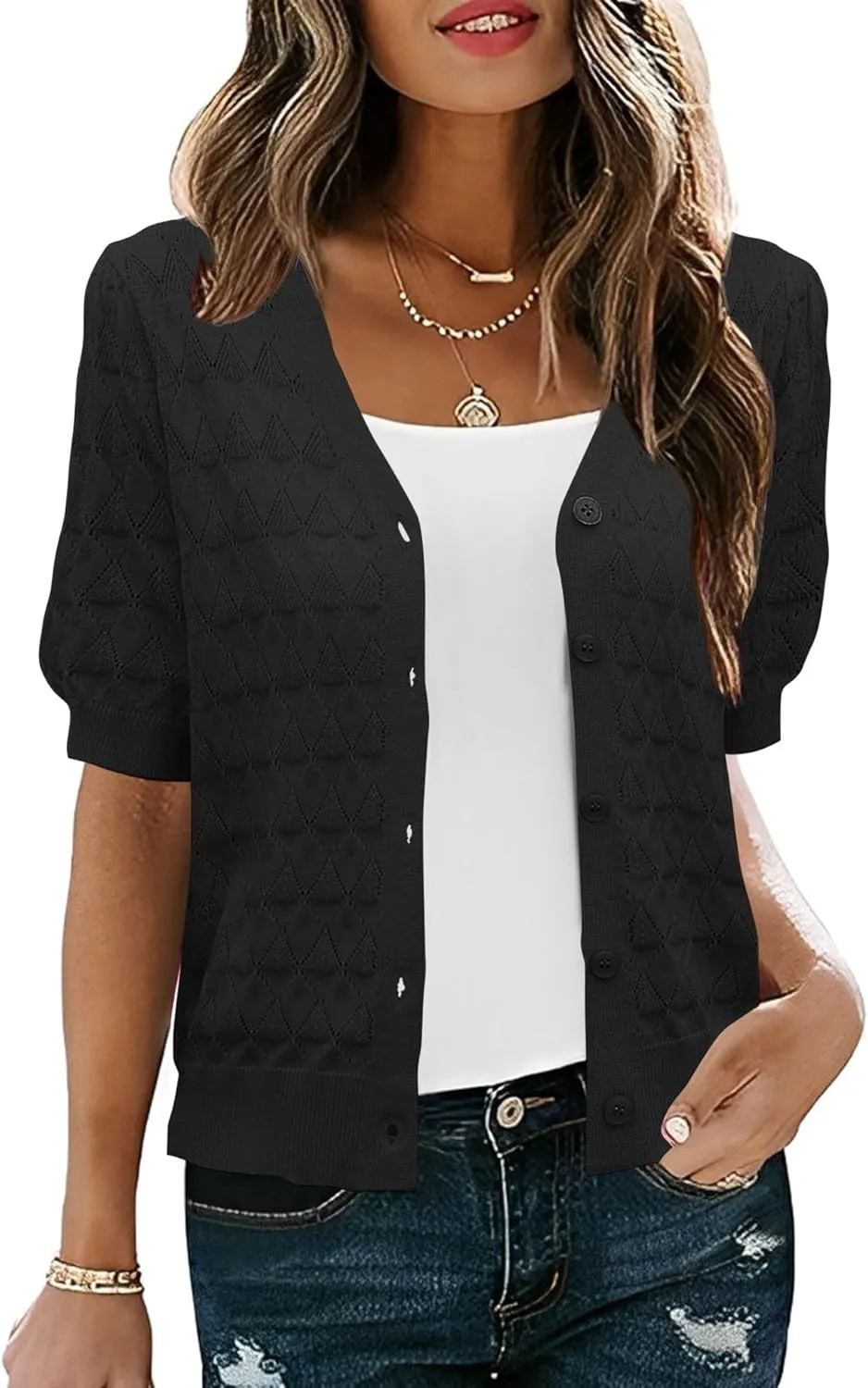 IECCP Cardigan Sweaters for Women Short Sleeve Lightweight Open Front Crochet Knit Shrugs 2025 Womens Fashion