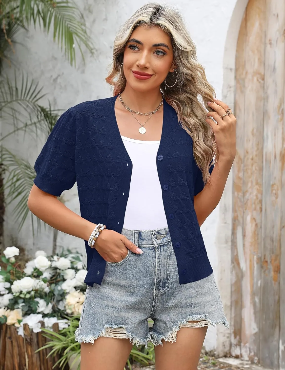 IECCP Cardigan Sweaters for Women Short Sleeve Lightweight Open Front Crochet Knit Shrugs 2025 Womens Fashion