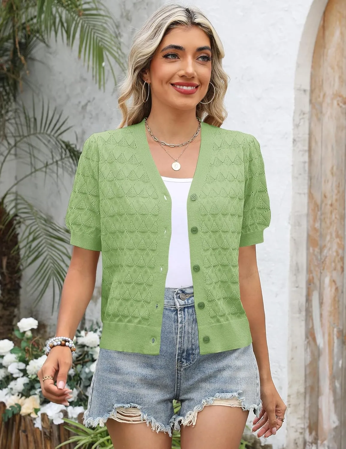 IECCP Cardigan Sweaters for Women Short Sleeve Lightweight Open Front Crochet Knit Shrugs 2025 Womens Fashion