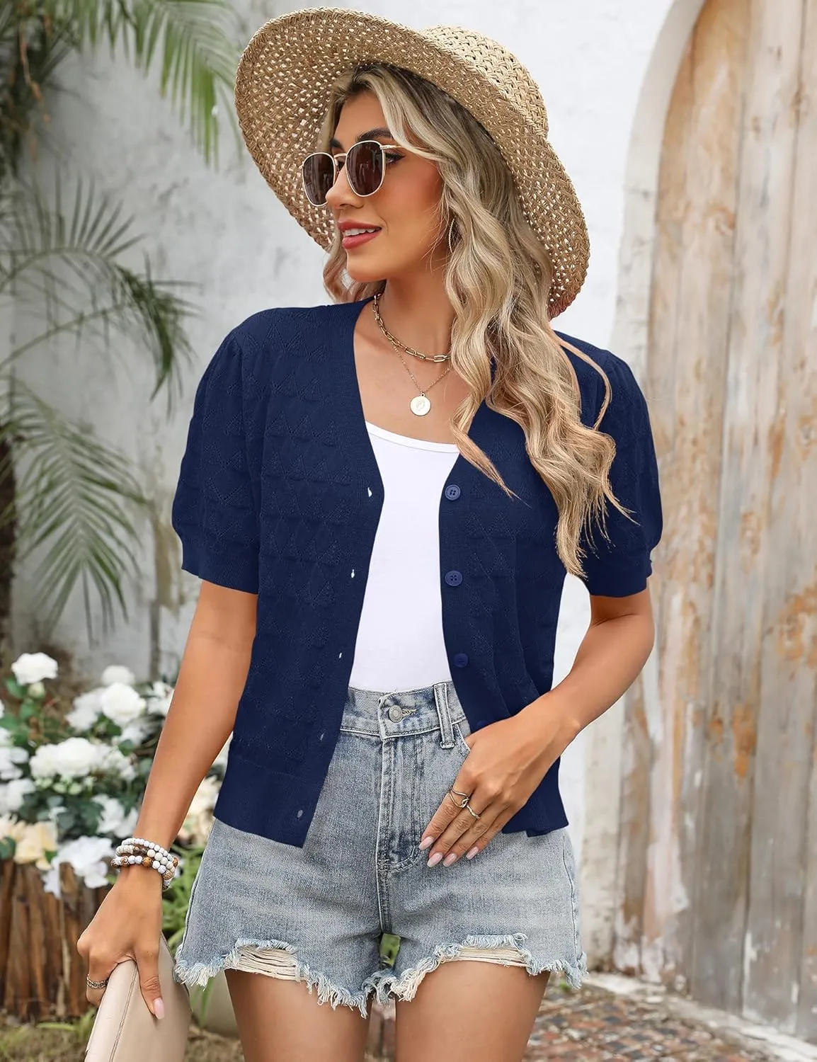 IECCP Cardigan Sweaters for Women Short Sleeve Lightweight Open Front Crochet Knit Shrugs 2025 Womens Fashion