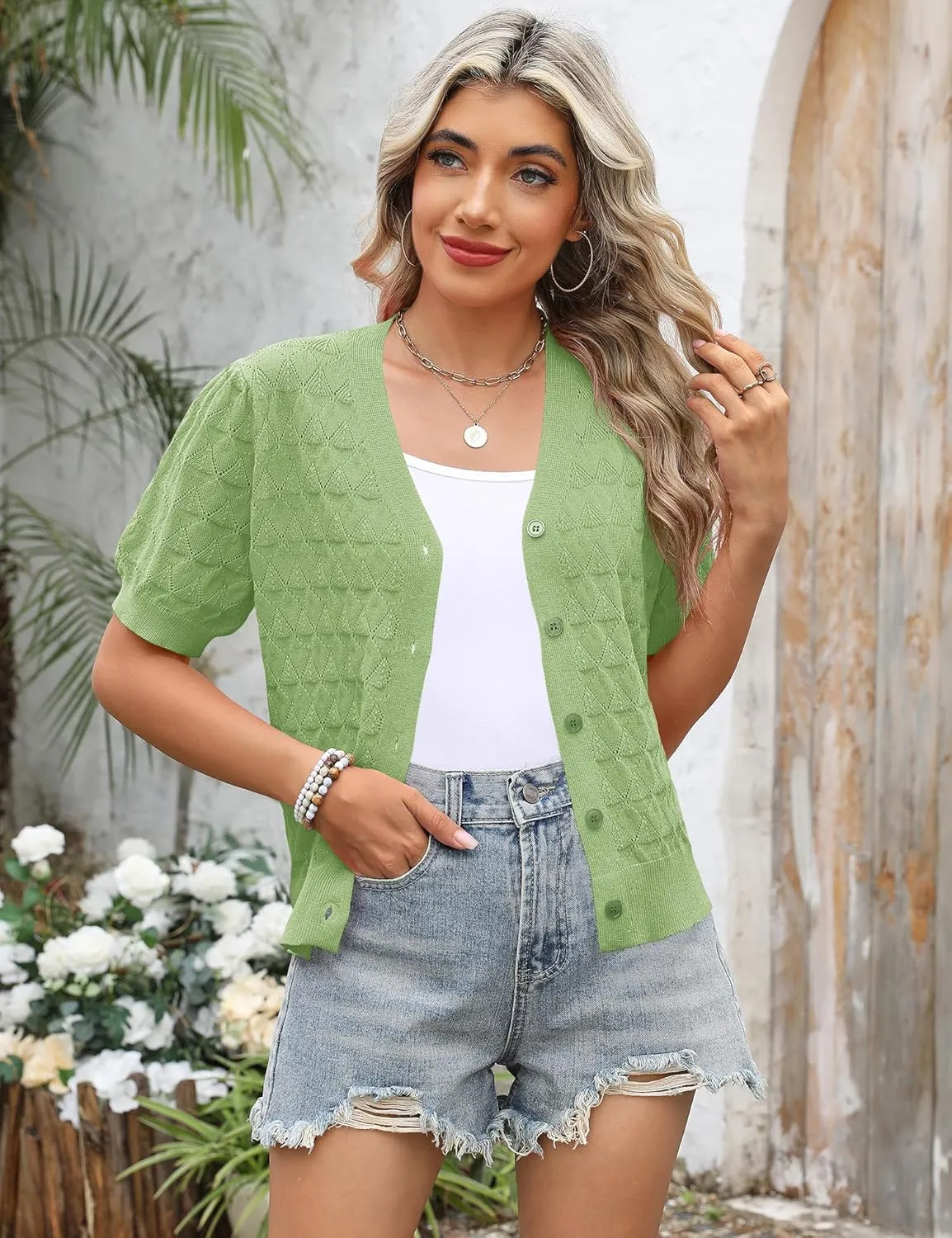 IECCP Cardigan Sweaters for Women Short Sleeve Lightweight Open Front Crochet Knit Shrugs 2025 Womens Fashion