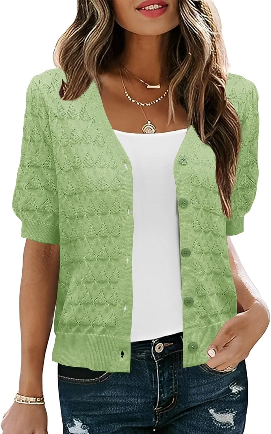 IECCP Cardigan Sweaters for Women Short Sleeve Lightweight Open Front Crochet Knit Shrugs 2025 Womens Fashion