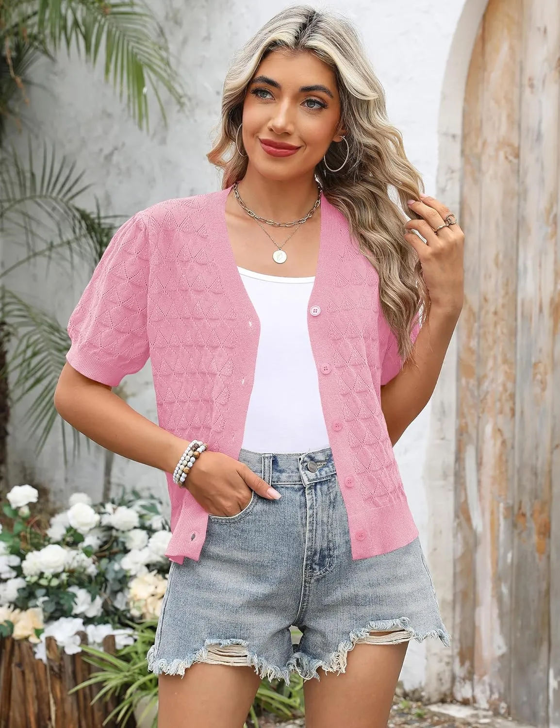 IECCP Cardigan Sweaters for Women Short Sleeve Lightweight Open Front Crochet Knit Shrugs 2025 Womens Fashion