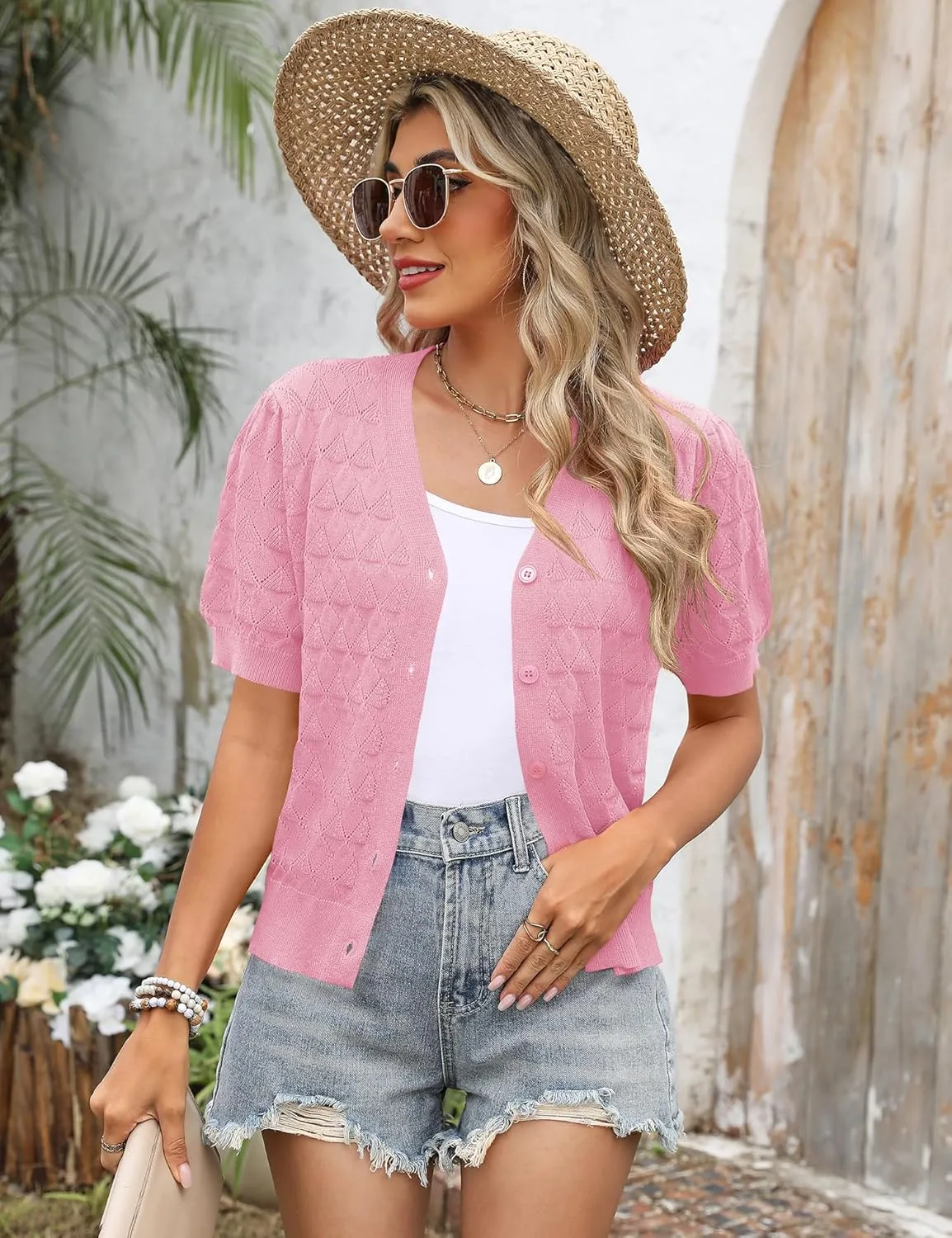 IECCP Cardigan Sweaters for Women Short Sleeve Lightweight Open Front Crochet Knit Shrugs 2025 Womens Fashion