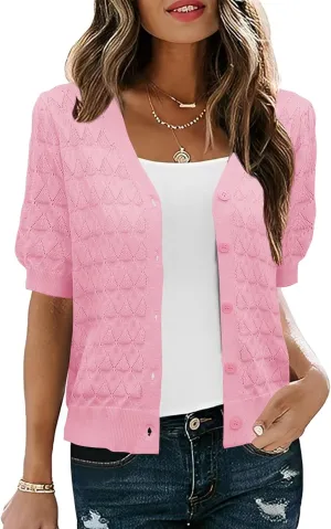 IECCP Cardigan Sweaters for Women Short Sleeve Lightweight Open Front Crochet Knit Shrugs 2025 Womens Fashion