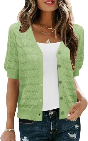 IECCP Cardigan Sweaters for Women Short Sleeve Lightweight Open Front Crochet Knit Shrugs 2025 Womens Fashion