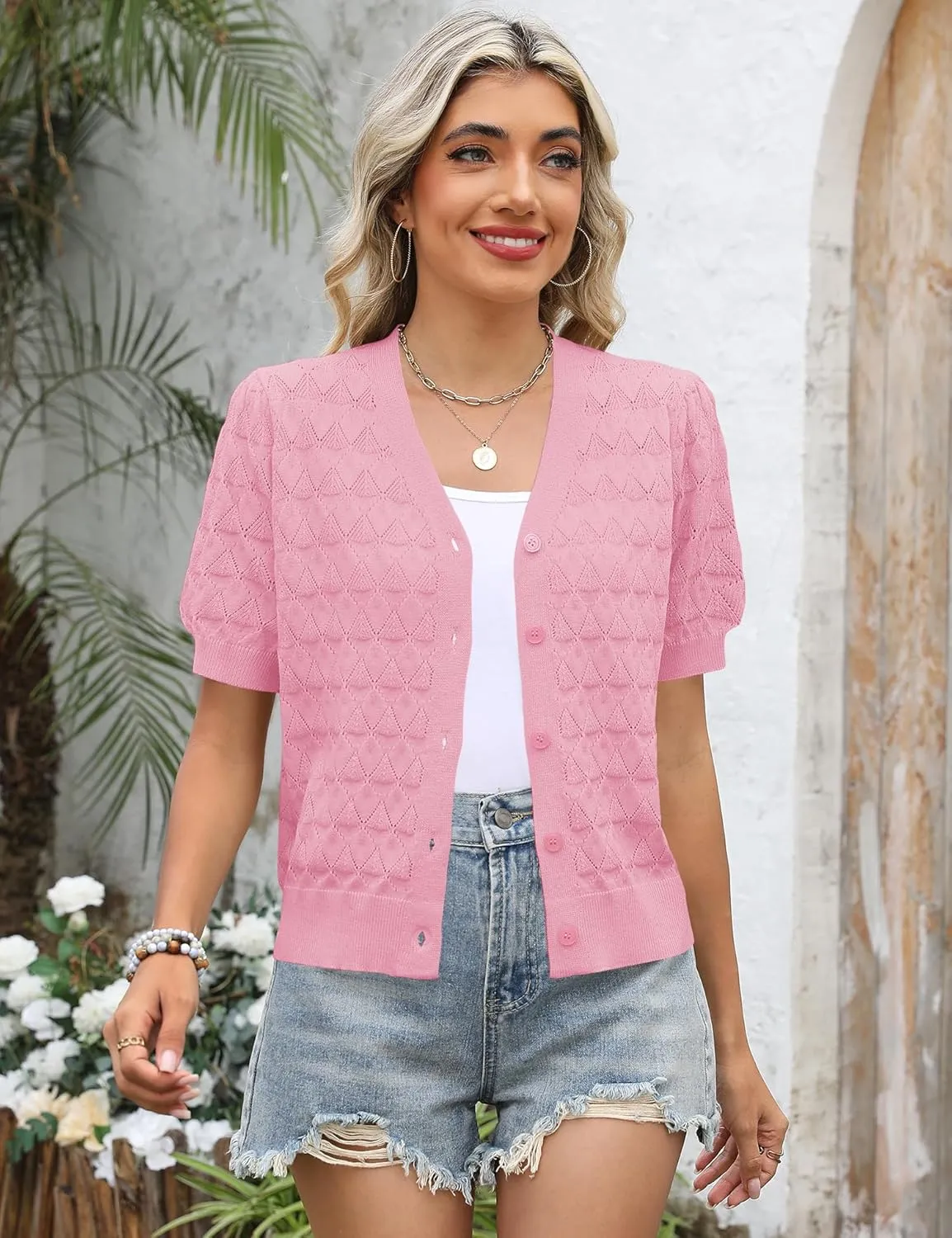 IECCP Cardigan Sweaters for Women Short Sleeve Lightweight Open Front Crochet Knit Shrugs 2025 Womens Fashion