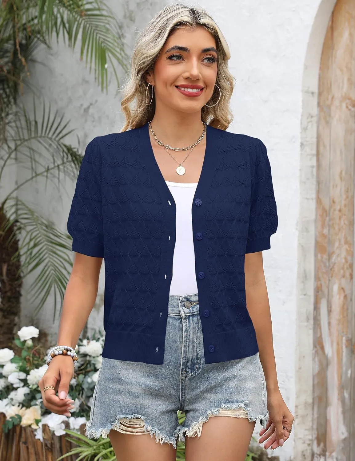IECCP Cardigan Sweaters for Women Short Sleeve Lightweight Open Front Crochet Knit Shrugs 2025 Womens Fashion