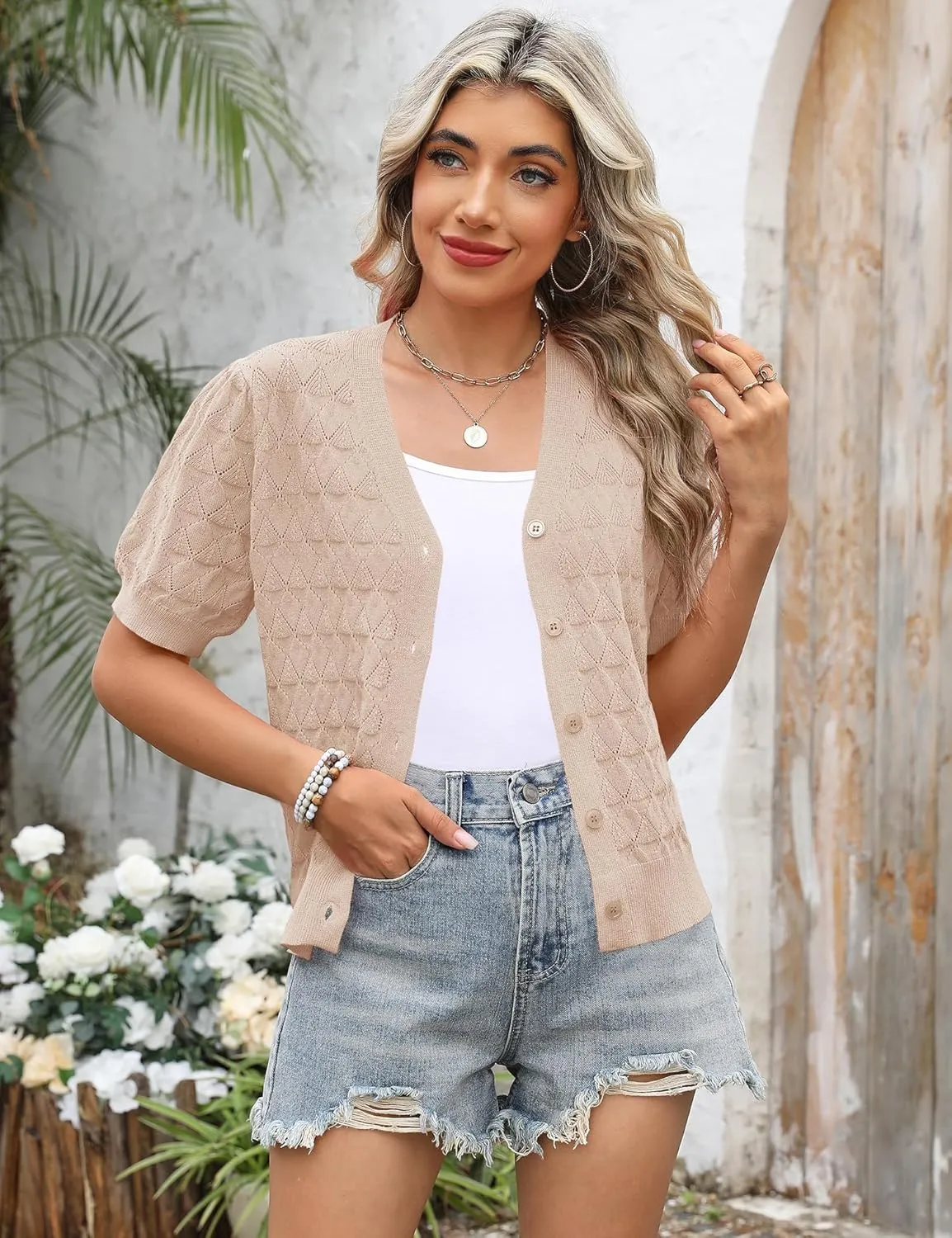 IECCP Cardigan Sweaters for Women Short Sleeve Lightweight Open Front Crochet Knit Shrugs 2025 Womens Fashion