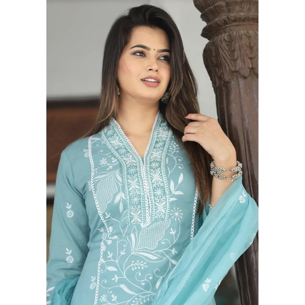 Indolady Cotton Green Lucknowi Suit Set