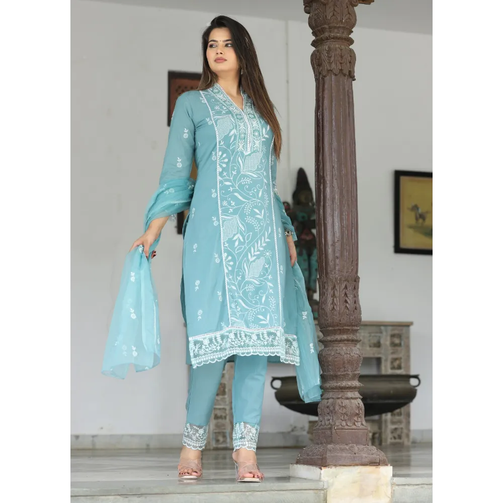 Indolady Cotton Green Lucknowi Suit Set
