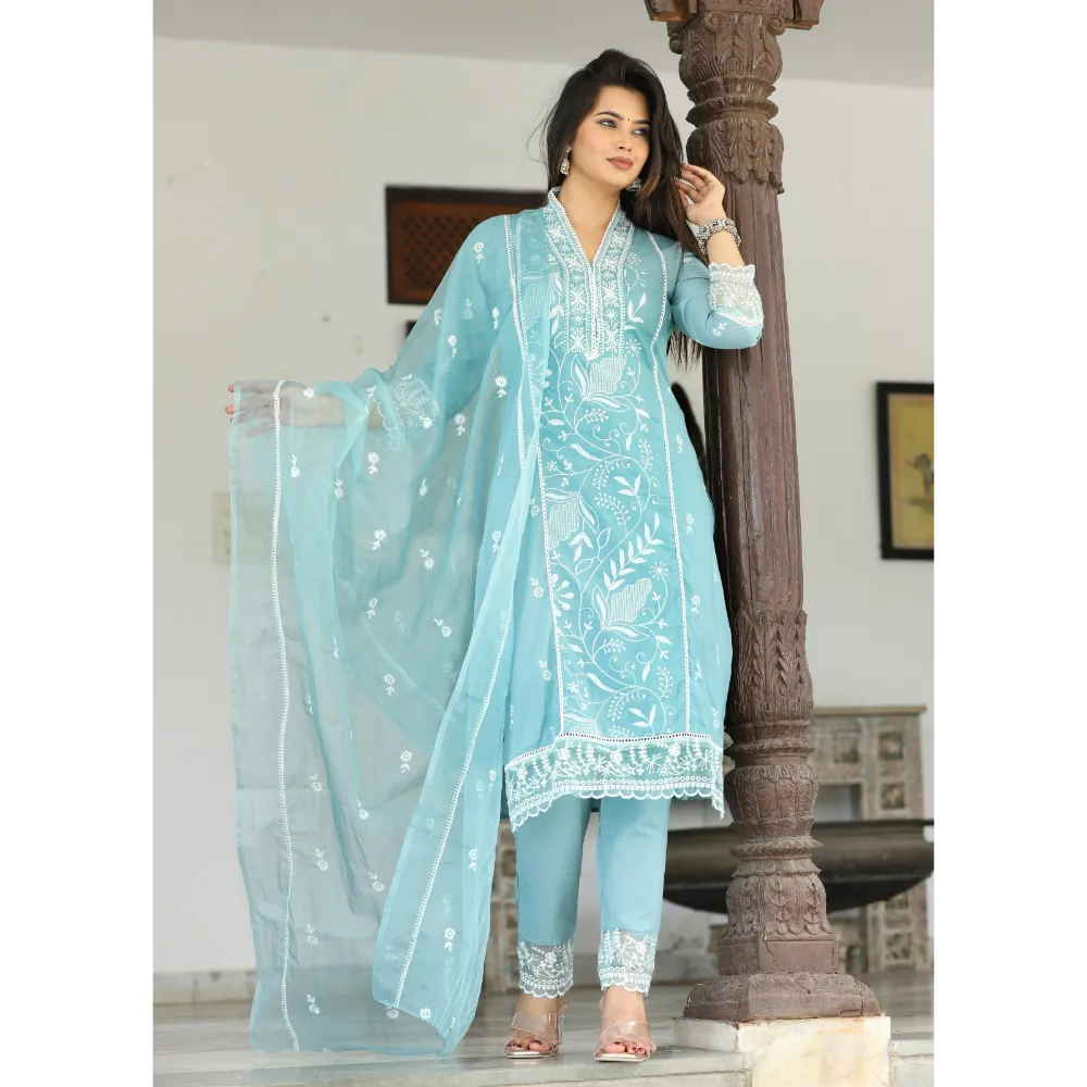 Indolady Cotton Green Lucknowi Suit Set