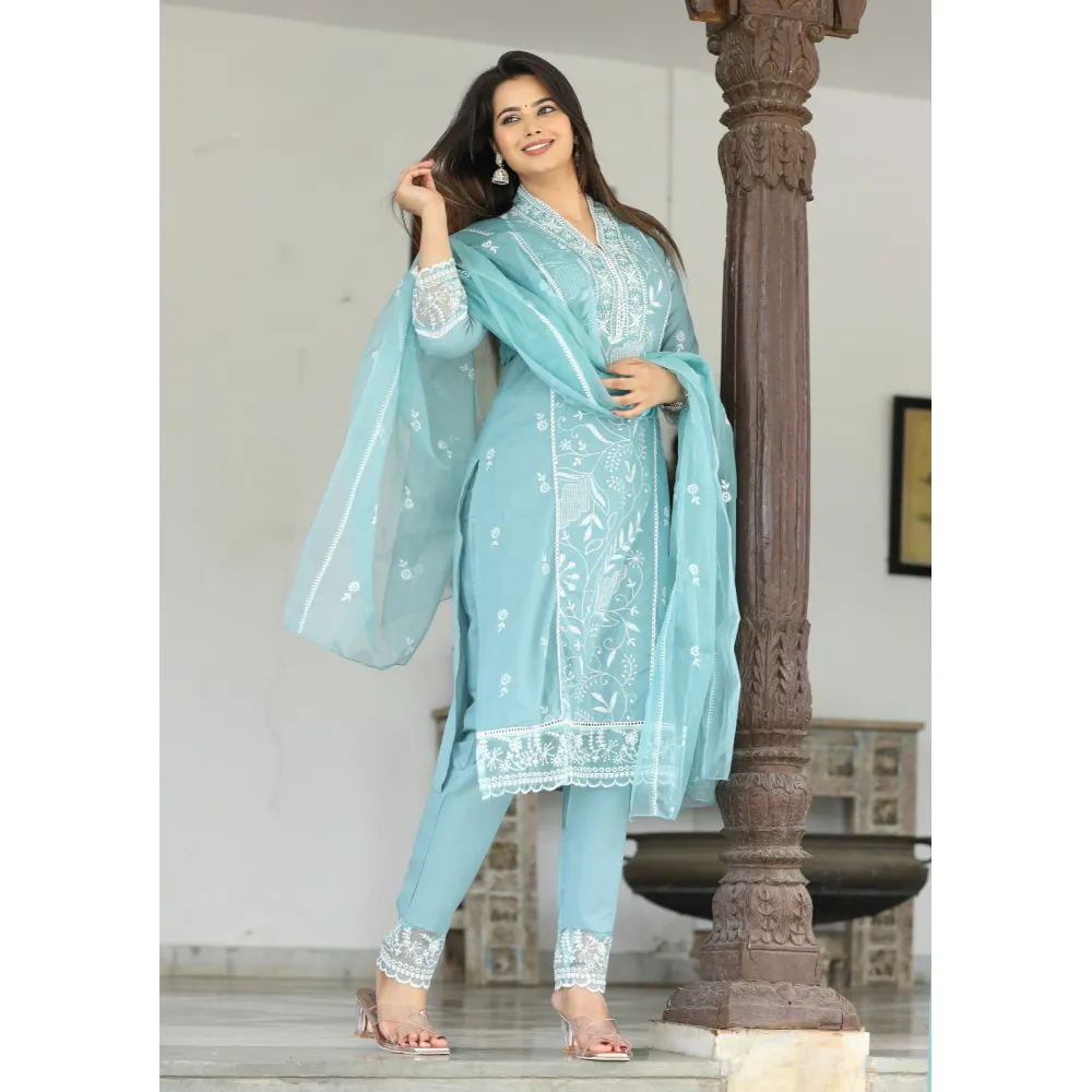 Indolady Cotton Green Lucknowi Suit Set