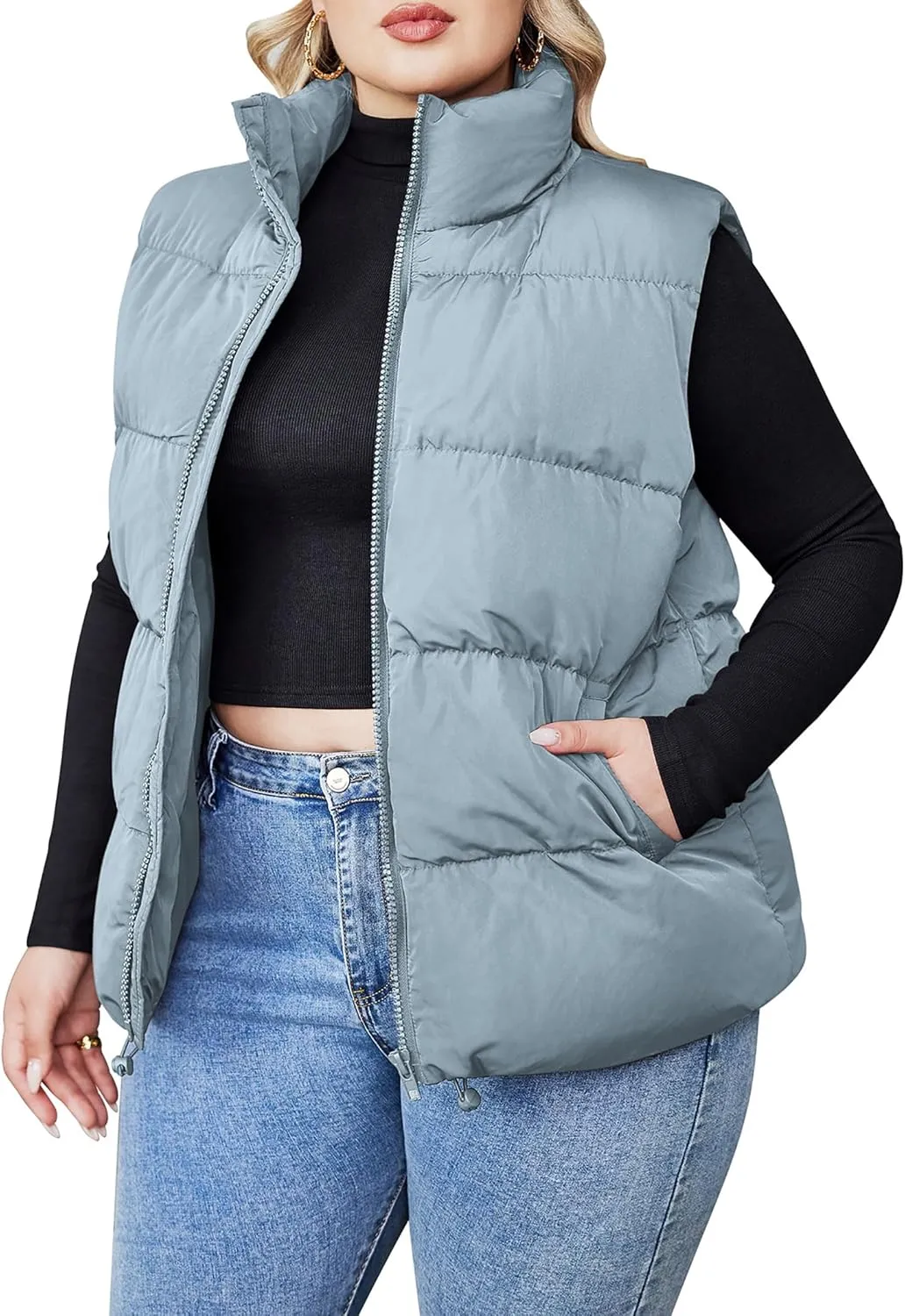 IN'VOLAND Women's Plus Size Zip Up Puffer Vest Stand Collar Outerwear Sleeveless Padded Jacket Coat with Pockets