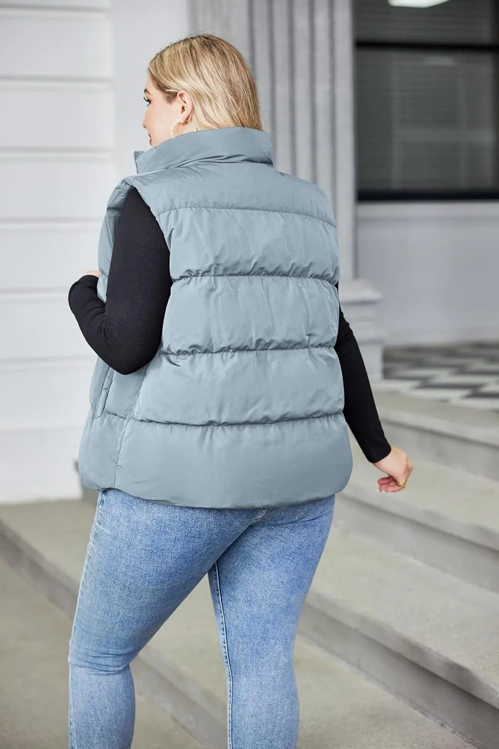 IN'VOLAND Women's Plus Size Zip Up Puffer Vest Stand Collar Outerwear Sleeveless Padded Jacket Coat with Pockets